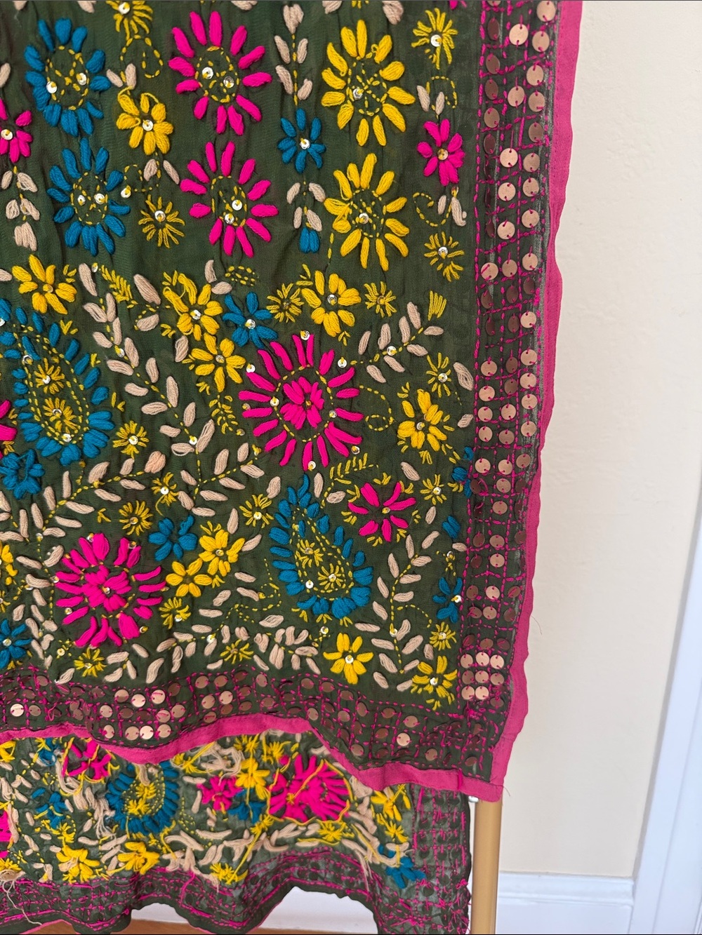 Indian Phulkari Embroidered Scarf / Dupatta Handmade Made and Bought in India - Picture 4 of 4